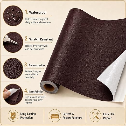 Self Adhesive Leather Repair Patch 24x54 Inch Sofa Car Seat Strong Adhesive | YAWQIRV Strong Self Adhesive Patch, Leather Repair Kit and Vinyl Repair Kit, Waterproof Scratch Fix, Durable, Reddish Brown
