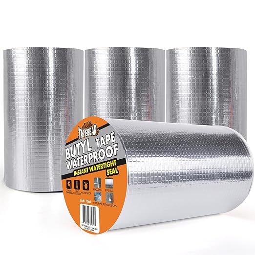 TAPEBEAR Butyl Tape Waterproof Sealant Tape 8inch x33feet, Aluminum Foil Duct Sealing Tape for RV Roof Repair, Boat and Pipe Sealing, Silicone, Glass & EDPM Roof Leak Patching, Silver, 4Rolls