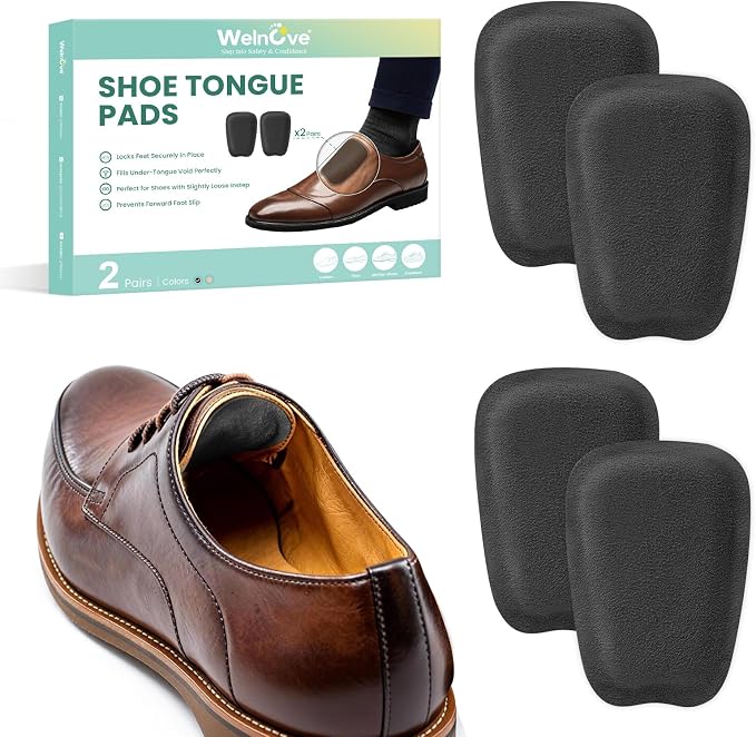 Shoe Tongue Pads for Men & Women - Welnove 2 Pairs Suede Memory Foam Shoe Padding Cushion Soft Self Adhesive Inserts Filler for Boots, Leather Shoes, Dress Shoes, Loafers (Black, Size L)
