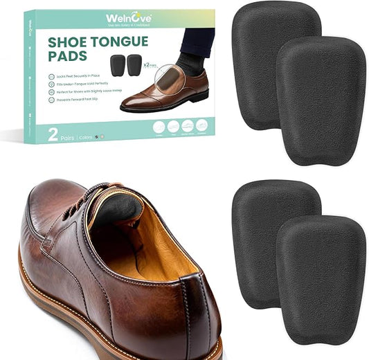 Shoe Tongue Pads for Men & Women - Welnove 2 Pairs Suede Memory Foam Shoe Padding Cushion Soft Self Adhesive Inserts Filler for Boots, Leather Shoes, Dress Shoes, Loafers (Black, Size L)