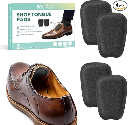 Shoe Tongue Pads for Men & Women - Welnove 2 Pairs Suede Memory Foam Shoe Padding Cushion Soft Self Adhesive Inserts Filler for Boots, Leather Shoes, Dress Shoes, Loafers (Black, Size S)