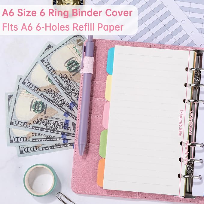 Antner A6 Notebook Binder Refillable 6 Ring Budget Binder Cover for A6 Refill Paper, PU Leather Budget Planner Organizer with Magnetic Buckle, Loose Leaf Personal Planner, Glitter Pink
