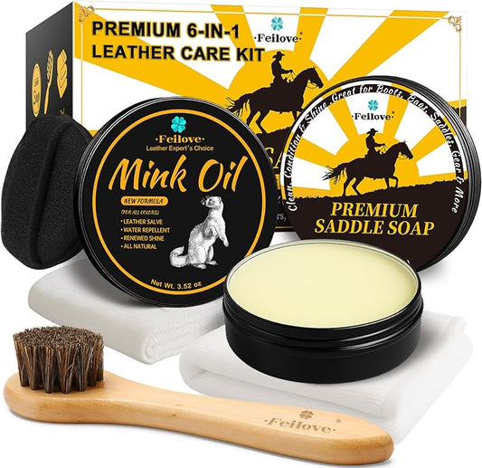 Feilove Leather Boot Care Kit – Mink Oil & Saddle Soap for Leather with Applicators & Cloths – 6-Piece Leather Shoe Care Kit for Cowboy Boots, Work Boots, Shoes & Tack
