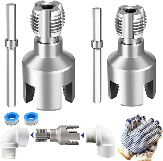 2-in-1 PVC Pipe Threader Kit with 1/2" & 3/4" Dies - Complete Dual Function Internal & External Threading Set Includes PTFE Tape & Gloves, Drill Compatible for DIY Plumbing & Home Repairs