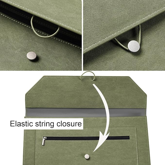 PU Leather A4 File Folder Document Holder 2 Pockets Portfolio Envelope Folder Case with Elastic String 3/4 Inch Expansion (Green)