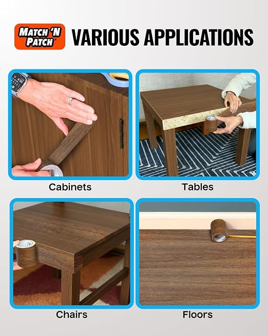 MATCH 'N PATCH Wood Grain Repair Tape - Antique Oak, 2.25 in x 15 ft (1-Pack) – Wood Grain Colored Duct Tape for Mirror Frame, Trim, Borders, Floor and Other Furniture, Scratch Repair Kit