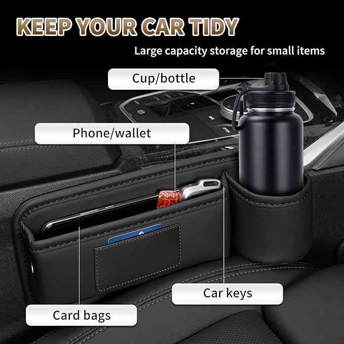 Kwak's Car Seat Gap Filler Organizer 2pcs – Fits 0.2“–1.2” Seat Gaps, Premium PU Leather Seat Gap Plug for Car SUV Truck, Stops Phone/Keys from Dropping, Extra Cup Holder for Car (Black)