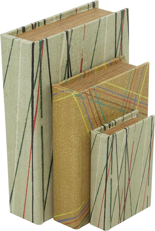 Deco 79 Faux Leather Abstract Decorative Box Faux Storage Book Book Shaped Boxes with Colorful Linear Patterns, Set of 3 Decorative Keepsake Boxes 12", 9", 6"H, Green