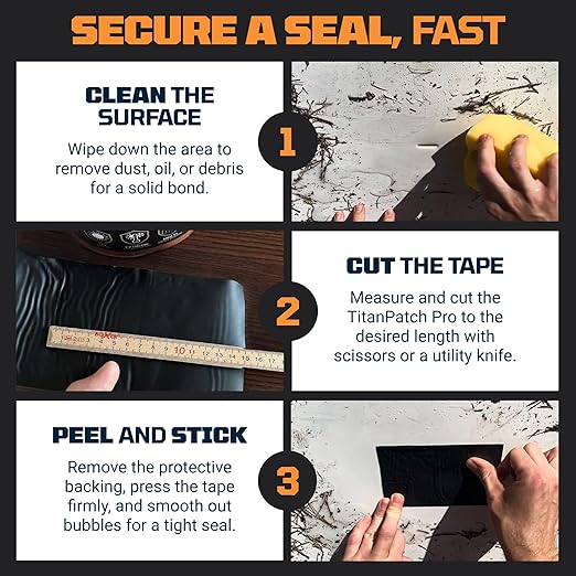 TITANPATCH PRO Waterproof Sealant Tape – Black 4" x10' – Stops Leaks Fast & Stays Sealed for 15+ Years – Sticks to RVs, Roofs, Pools, Boats, Gutters – Built for Harsh Weather (-40°F to 190°F)