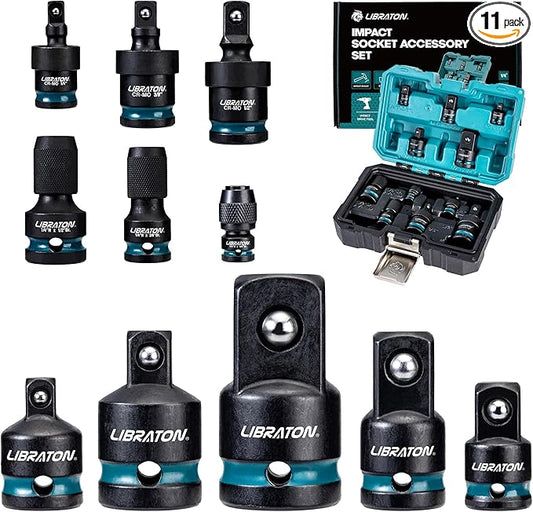 LIBRATON Impact Socket Adapter and Reducer Set 11PCS, Socket Adapter Reducers, Swivel Socket Adapters, Impact to 1/4 Hex Converters, Impact Wrench Adapters for Automotive Repair, with Blow Molded Box