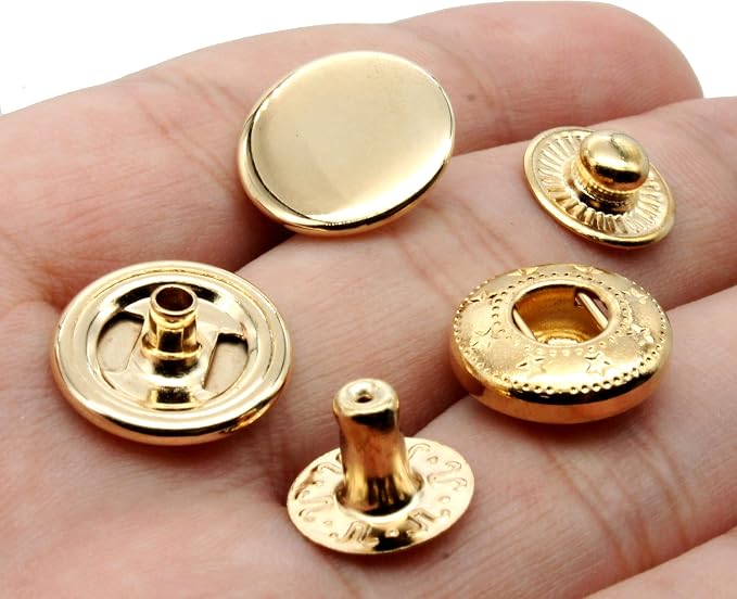 Raydodo 12 Set Leather Snap Fasteners Kit, 15mm Metal Snap Buttons Kit Press Studs with 4 Install Tools, Rivets and Snaps for Clothing, Jeans, Jackets, Bracelets, Bags (Gold)