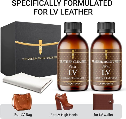 Leather Cleaner & Moisturizer Set for Louis Vuitton, Shine Your Louis Vuitton and Smell New, Gently Soften and Rejuvenate Vachetta Leather, Remove Stains & Cover Minor Scratches for All Luxury Brands