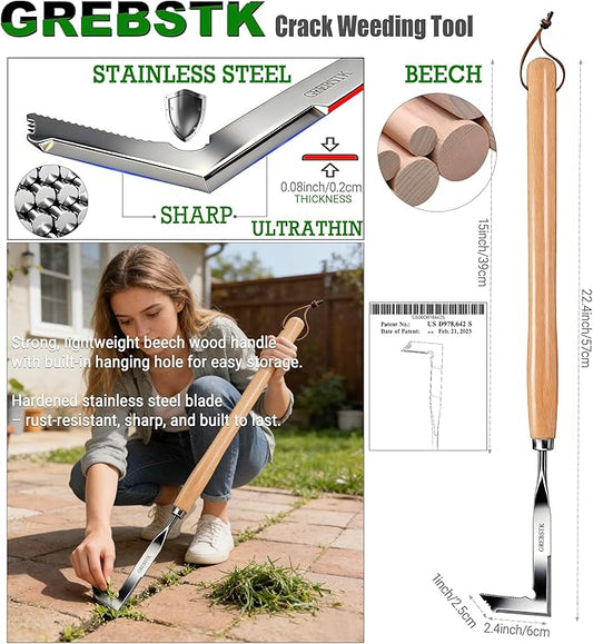 GREBSTK Crack Weeder Crevice Weeding Tool Stainless Steel Manual Weeder Beech Handle Gardening Tool, 22 inch