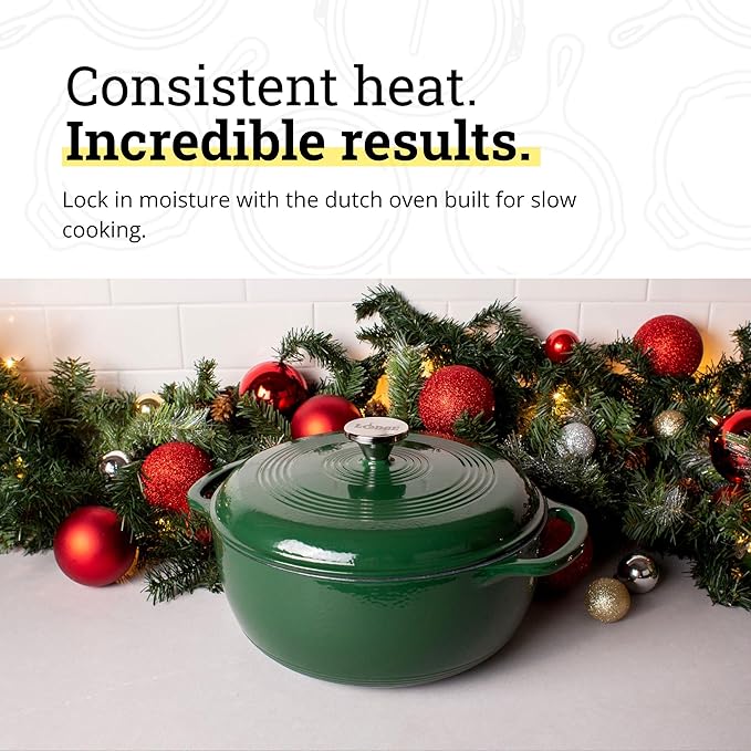 Lodge Essential Enamel Cast Iron Dutch Oven 6 Quarts - Perfect for Bread Baking, Braising, Marinating & Slow Cooking, Features Moisture-Sealing Lid & Dual Handles, Kitchen Essentials, Evergreen