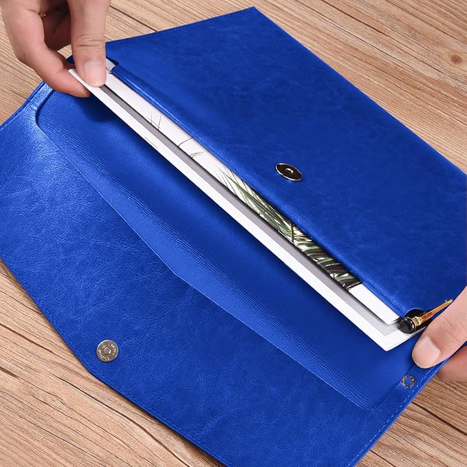 PU Leather A4 File Folder Document Holder Envelope Folder Case with Snap Closure for Receipt Contract Blue