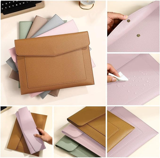 A4 Large Capacity Document Bag, Premium PU Leather File Holder, Multi-Color, Double-Layer Design, 13.39 x 10.04 Inches (Pink)