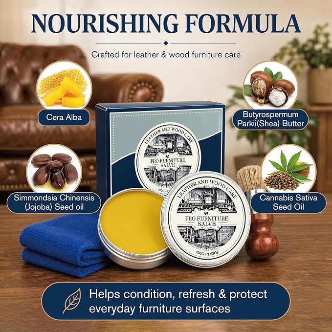 Wood Repair & Furniture Salve - Leather Furniture Salve & Brush Set, Leather Couch Conditioner for Wood & Leather Conditioner, with Furniture Wax, Prevents Cracking & Fading