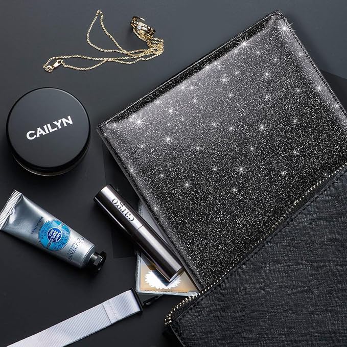 Glitter Portfolio Case, Bling Padfolio Cover for Women, Conference/Resume/Legal Document Organizer with Letter/A4 Size Clipboard Hardboard, Business Card Holders, Black