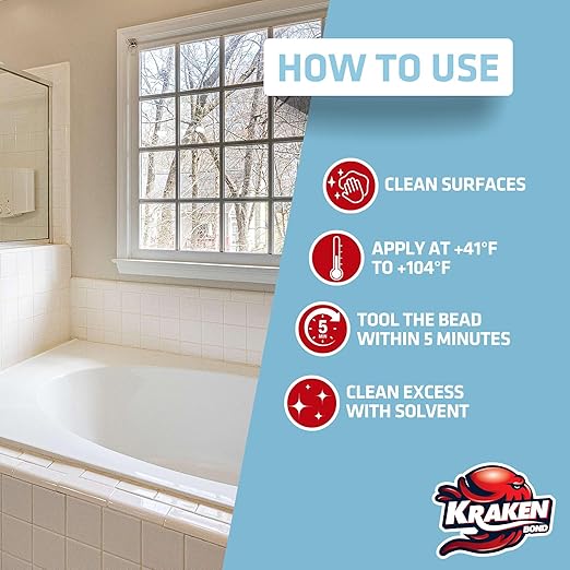 Kraken Bond Premium Kitchen and Bathroom Silicone Caulk Clear - (48x10.1 fl.oz) RTV Clear Silicone Sealant Waterproof for Kitchen, Bathroom, Shower, Sink, Anti Shrink 100% Silicone Caulking | 48 Pack