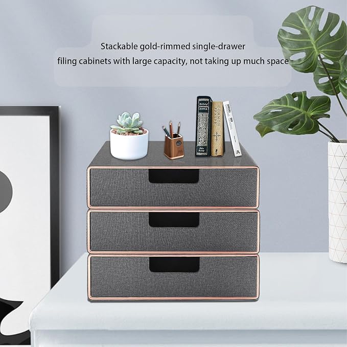 Desk Organizer with Drawer,Stackable Storage 1 Drawer Organizer,PU Leather Handmade Desktop Storage Drawers for A4 Paper/Magazine/Book/Filing/Jewelry/Makeup Home Decor Accessories,Grey