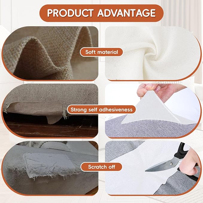 Linen Fabric Repair Tape 2 Pcs 8x12 Inch, Self Adhesive Couch Patch Repair Fabric Tape for Furniture, Linen Patch Kit for Couch, Carpet, Upholstery, Chair, Sofa, Cushion, Bag (Beige White)