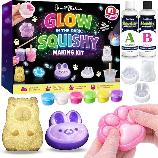 Jim&Gloria Glow in the Dark DIY Squishy Making Kit - Make Your Own Squishies All-in-One Squishy Maker Craft Kit with 1:1 Liquid Silicone, 3 Cute Animal Molds Mini Paw, Capybara, and Bunny Easter Gifts