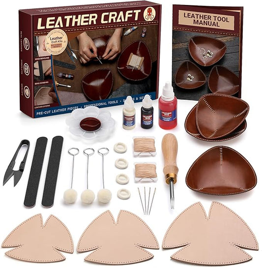 CBHGFEA Leather Tooling Kit Leather Tray Kit (S, M, L) with Vegetable Tanned Edge Beveler Wax Thread and Step-by-Step Video Tutorial for Crafting Desktop Storage Set for Adults