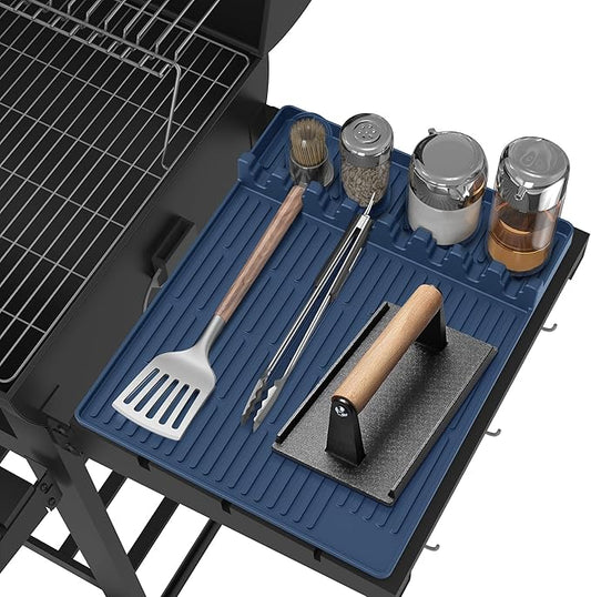 Silicone Grill Mat Compatible with Blackstone, BBQ Griddle Tools Mat with Drip Pad, Large Spatula Holder for Outdoor Kitchen Counter, Gifts for Men (Blue)