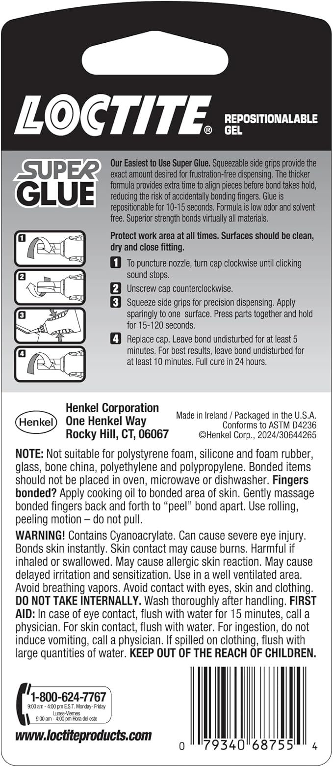 Loctite Super Glue Repositionable Gel, Clear, 0.14 fl oz Bottle, 1 Pack - Superglue for Plastic, Wood, Metal, Crafts & Repair, Cyanoacrylate Adhesive Instant Glue