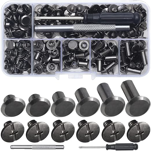 YORANYO 110Sets Chicago Screws Leather Rivets Assorted Screw Rivets Chicago Binding Screws for Decorate and Repair Leather Craft Belt Bag Shoes Purse Bookbinding (Gunmetal Black, M5*4,5,6,8,10,12)