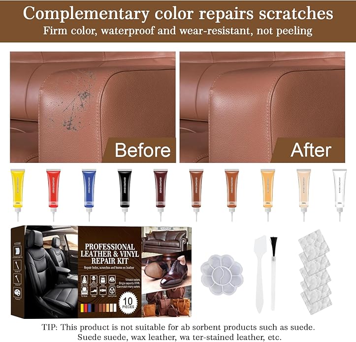 RQB Leather Repair Kit – 10-Color DIY Leather & Vinyl Repair for Furniture, Car Seats, Jackets, Bags & Shoes – Easy Color Match, Complete Tools Included