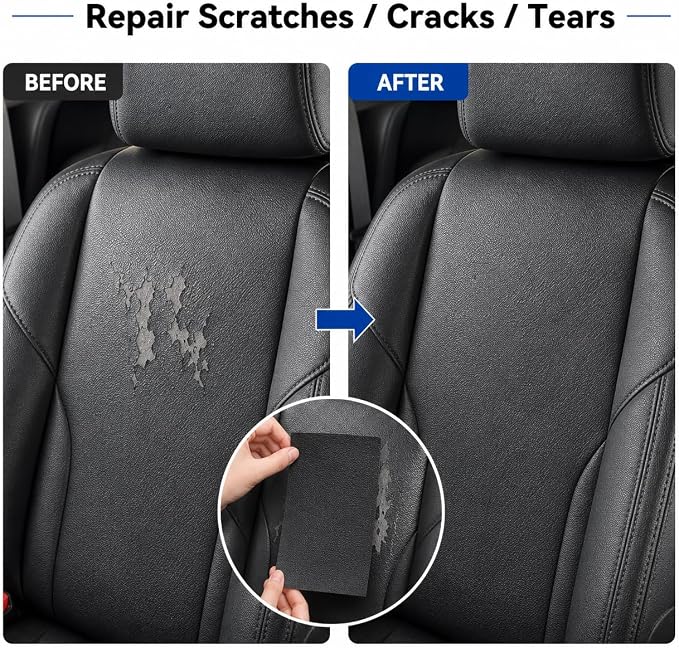 2PCS 8×4 Inch PU Leather Patch for Car Seat Repair, Self-Adhesive Leather Repair Patch Tape for Vinyl Leather Upholstery, Car Seat Furniture Repair Kit (Black)