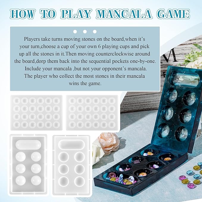 Zhehao Mancala Board Game Molds Set Epoxy Silicone Resin Molds Kit with 2 Pcs Mancala Stones Molds 4 Pcs Metal Mancala Accessories Mancala Board Resin Game Molds for Gifts DIY Family Party Board Games