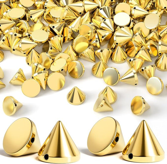 OIIKI 100PCS 8mm ABS Bullet Spike Cone Studs, Rivets Cone Spike Studs Beads, Flat Back Punk Spikes DIY Crafts Studs Glue on Decoration for Clothing Leather Clothes Belt Bag Shoes Jewelry - Light Gold