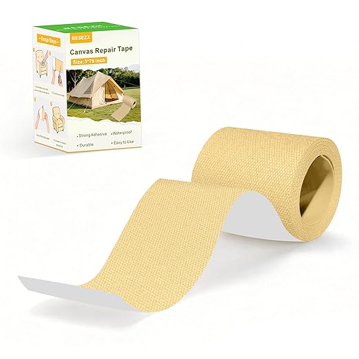 Besezx Canvas Repair Tape,Outdoor Gear Patch, 3x79 Inches,Waterproof Self-Adhesive Fabric Repair Tape for Repairing Boat Covers,Sun Shades,Sofas,Tents,Lounge Chairs,Awnings (Beige Yellow)