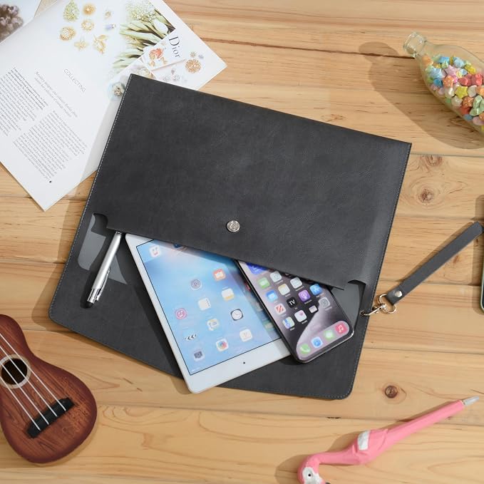 Wonderpool A4 Premium Faux Leather Envelope Documents Multifunction Folders Stationery Bag -Portfolio File for Paper Letter Stationery Organizer and Tablet Case PC Sleeve (Dark Gray)