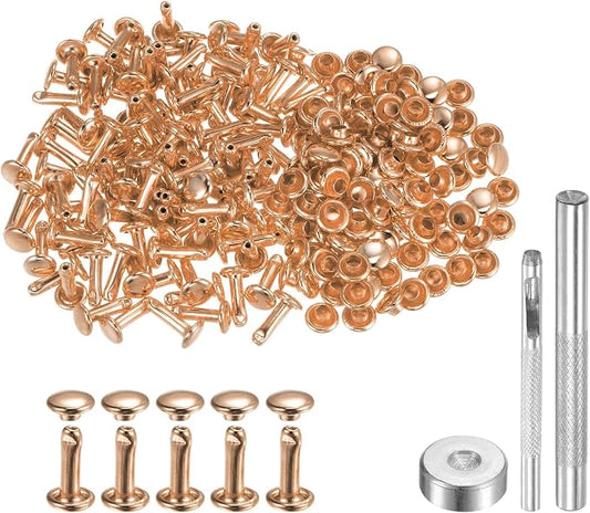 HARFINGTON 100 Sets Leather Rivets 10 x 6mm Metal Double Cap Rivet Snaps Studs Fasteners with 3pcs Setting Tools Rivets for Leather Craft DIY Repair Decoration, Light Gold Tone