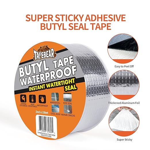 TAPEBEAR Butyl Tape Waterproof Sealant Tape 2inch x33feet, Aluminum Foil Duct Sealing Tape for RV Roof Repair, Boat and Pipe Sealing, Silicone, Glass & EDPM Roof Leak Patching, Silver