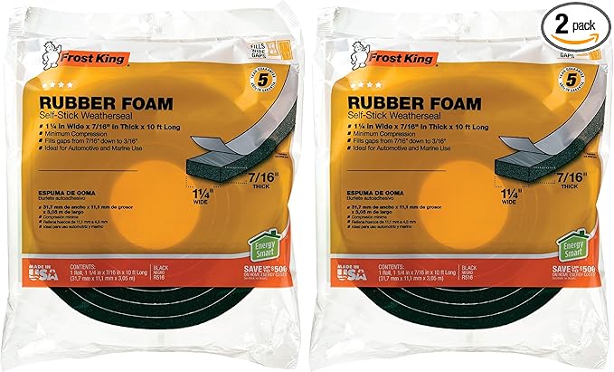 Frost King R516H 1-1/4-Inch by 7/16-Inch by 10-Foot Thick Sponge Rubber Foam Tape, Black (Pack of 2)