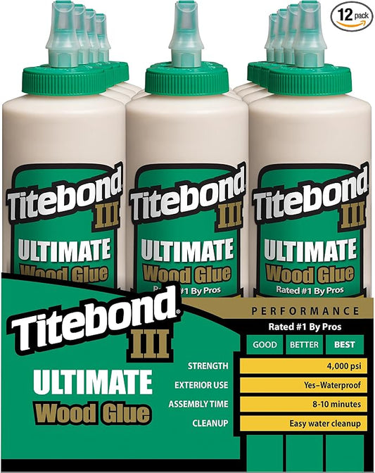 Titebond III Ultimate Wood Glue 16 Oz. (12 Pack) – Premium Professional Woodworking Adhesive, Waterproof, Strong Initial Tack, Interior/Exterior Use, Easy Water Cleanup – 1414