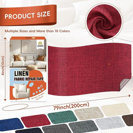 Linen Fabric Repair Tape 4x79 Inch, Self Adhesive Couch Patch Repair Fabric Tape for Furniture, Linen Patch Kit for Couch, Carpet, Upholstery, Chair, Sofa, Pillows, Bag (Coarse, Dark Red)