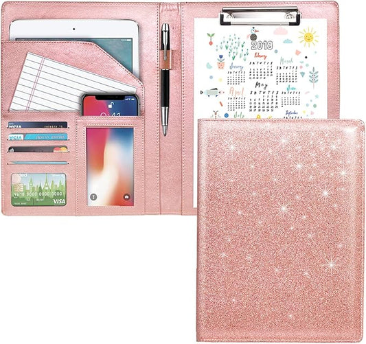 Padfolio/Resume Portfolio Folder Glitter Pink for Women,WAVEYU Cute Pink Padfolio Cover Folder, Conference/Legal Document Organizer with Letter/A4 Size Clipboard, Document Sleeve