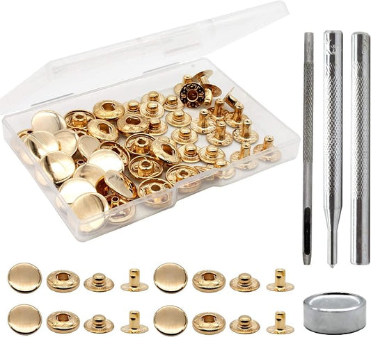 Raydodo 12 Set Leather Snap Fasteners Kit, 15mm Metal Snap Buttons Kit Press Studs with 4 Install Tools, Rivets and Snaps for Clothing, Jeans, Jackets, Bracelets, Bags (Gold)