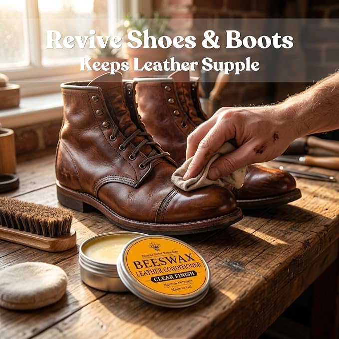 Premium Beeswax Leather Conditioner & Balm – Hand-Poured Natural Restorer for Boots, Bags, Jackets, Furniture, Car Seats & More – Cleans, Conditions & Protects – 1.0 Fl Oz