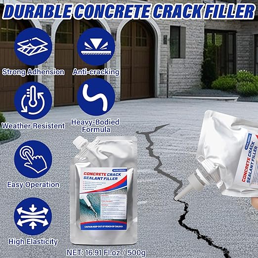 Concrete Crack Filler, 50.7 fl oz Self-Leveling Flexible Repair Sealant, High Elasticity Cement Crack Filler for Driveway, Sidewalk, Foundation, Indoor/Outdoor Use