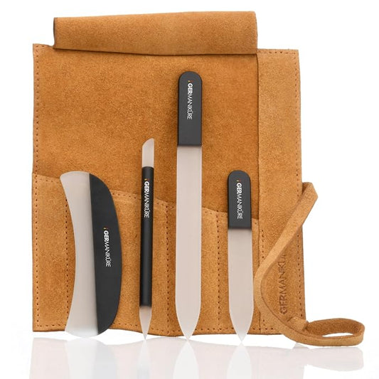 GERMANIKURE Black Crystal Glass Nail File Set in Yellow Suede Case – Handmade in Czech Republic – Professional Manicure & Pedicure Supplies – Glass Cuticle Stick, Pusher, Moon File
