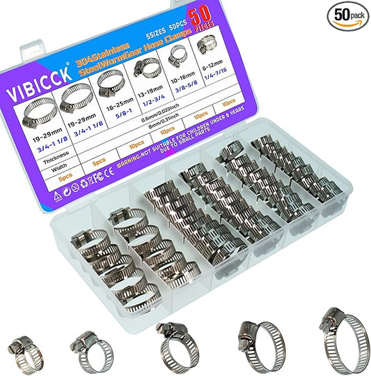 50pcs of 6-29 mm / 1/4 inch - 1-1/8 inch flexible hose clamps, 304 stainless steel worm-type hose clamps, suitable for pipes, intermediate coolers, water pipes, fuel pipes