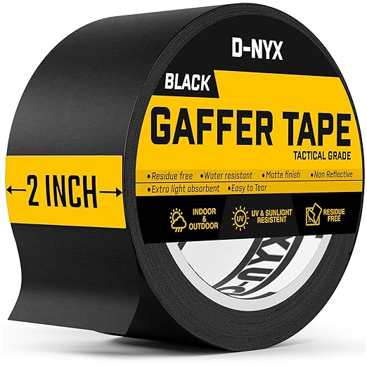 D-NYX Gaffer Tape 2 Inch x 1 Pack Black Gaffing Tapes, Heavy Duty No Residue, Matte Finish, Non-Reflective, Multipurpose Premium Heavy Duty Strong Fabric Floor Tape
