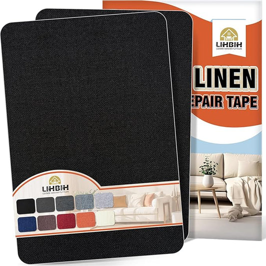 Linen Fabric Repair Tape 2 Pcs 8x12 Inch, Self Adhesive Couch Patch Repair Fabric Tape for Furniture, Linen Patch Kit for Couch, Carpet, Upholstery, Chair, Sofa, Cushion, Bag (Black)