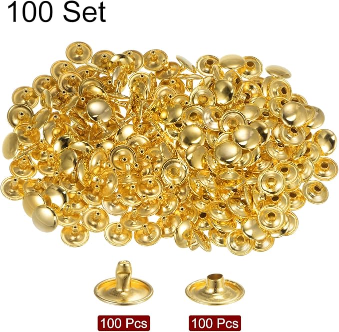 HARFINGTON 100 Sets Leather Rivets 8 x 12mm Metal Double Cap Rivet Snaps Studs Fasteners with 3pcs Setting Tools Rivets for Leather Craft DIY Repair Decoration, Gold Tone